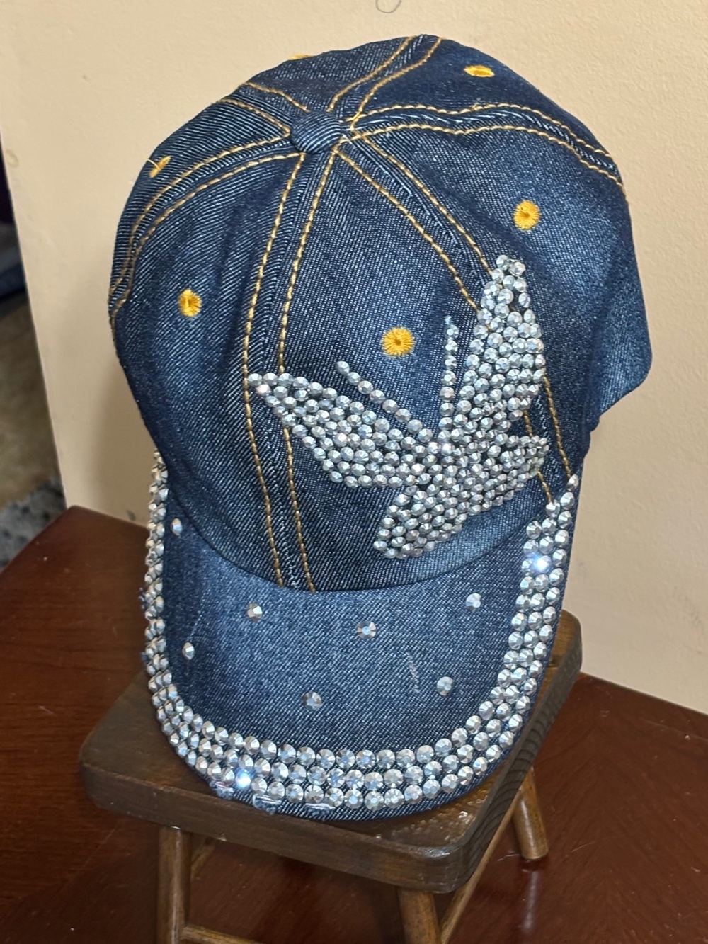 Denim Rhinestone Baseball Cap with Butterfly Accent